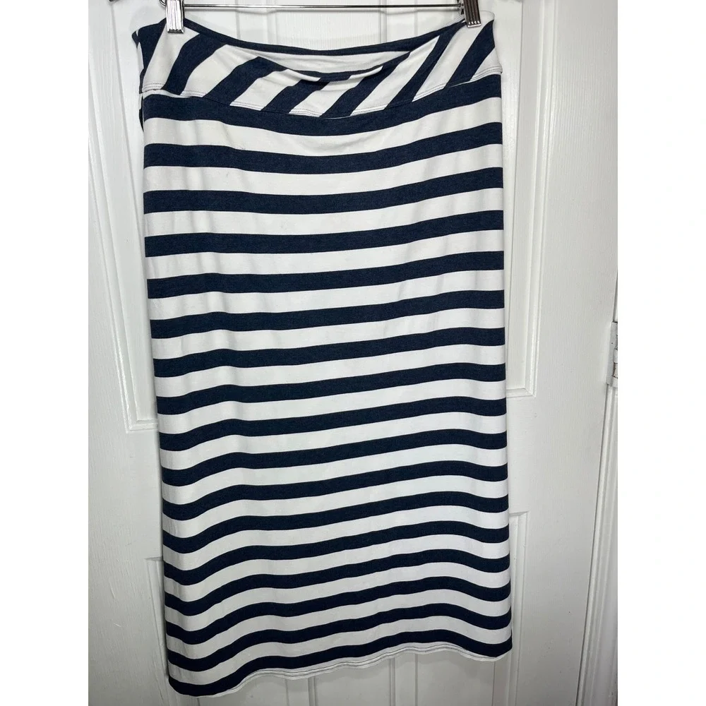 Athleta Skirt Wrap Front Midi L Navy White Striped Tulip Hem Stretch Coastal